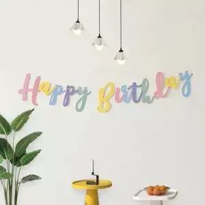 INS 마카롱 스크립트 생일 축하 배너 베이비 샤워 핑크 옐로우 블루 퍼플 화환 배경