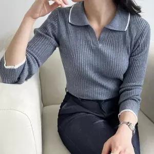 골지 여성 니트티 슬림핏 긴팔 브이넥 카라 티셔츠