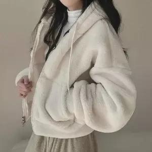 [오르토]양털 세미크롭 후드집업 여성 양털 후드집업 겨울아우터 크롭 여자