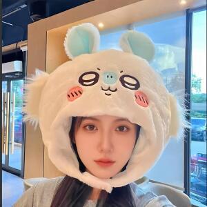 여성용 치이카와 인형 모자 겨울철 야외 활동에 적합 보온 효과 얼굴을 작아 보이게 하는 귀 기능 머리 덮