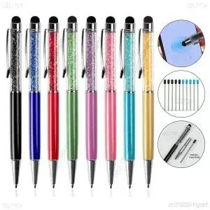8Pcs 세트 크리스탈 다이아몬드 용량 성 터치 스크린 스타일러스 볼펜 1.0mm 팁 오 블루 블랙 리필 편지지