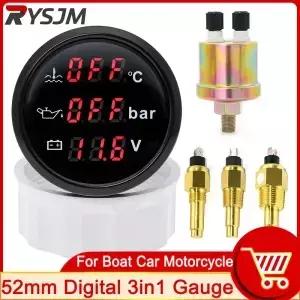 52mm 디지털 3 In 1 다기능 수온 게 압력 측정기 자동차 보트 용 알람이있는 10 바 전압