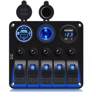 FXC 방수 해상 보트 블루 로커 스위치 패널 5 갱 QC3.0 USB 및 타입-C 슬롯 소켓 궐련 라이터 LED 전압계