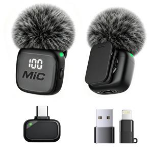 무선 라발리어 마이크, 미니 마이크, 윈드 커버, 라이트닝 및 USB 어댑터가 있는 타입-C, 휴대폰, 태블릿, 노트북, 컴퓨터용