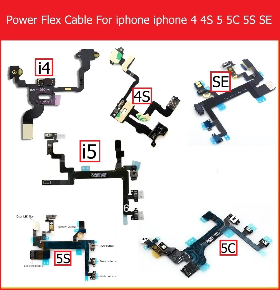 iPhone 4 4S 5 5S 5C SE 용 정품 음소거 및 볼륨 및 전원 플렉스 케이블 볼륨 및 전원 스위치 켜기/끄기 버튼 플렉스 리본 교체 부품