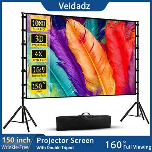 VEIDADZ 프로젝터 스크린 스탠드 포함 흰색 주름 방지 160 °   야외용 시야각 60-150인치 양면 스크린 홈시어터