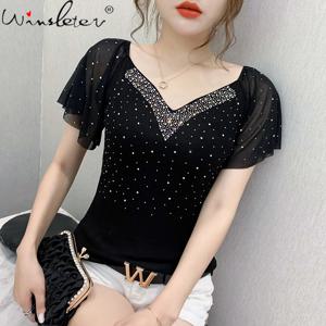 여름 패션 한국 의류 티셔츠 섹시한 V넥 다이아몬드 코튼 여성 상의 러플 소매 티셔츠 올 매치 2026 신상 T07601