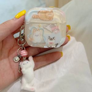 애플 에어팟 4용 귀여운 고양이 무늬의 웨이브 디자인 케이스, 에어팟 5, 1, 2, 3, 프로, 프로 2용, 펜던트형 무선 블루투스 헤드셋