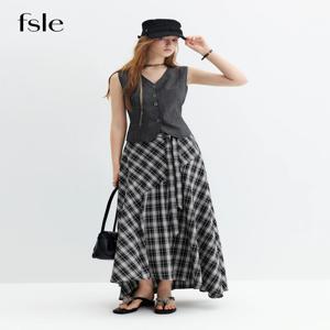 FSLE 여성 2026 가을 신상 V넥 린넨 민소매 베스트 플래드 스커트 세트 우아한 출퇴근룩 A라인 롱 스커트