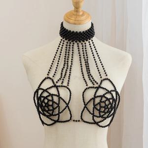 패셔너블한 인조 진주 브라 바디 체인 스트랩리스 아우터웨어 드레스 베스트 탑 목걸이 꽃 가슴 장식 수제 비딩