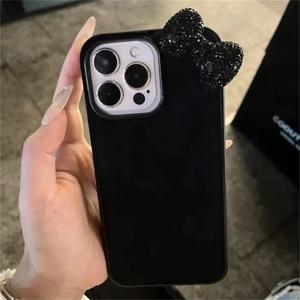 블랙 글리터 3D 보우 노트 다이아몬드 폰 케이스 (아이폰 17, 16, 15, 14, 13, 12, 11 Pro MAX, MINI, XR, XS, 7, 8 Plus, 17air, 16e 실리콘 커버)