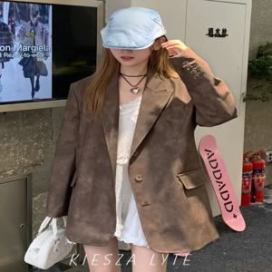 악어 프린트 인조 가죽 블레이저 여성용, 캐주얼 루즈 다크 브라운 재킷 코트, 빈티지 스타일, 무광 스트리트 패션, 2024 가을 신상