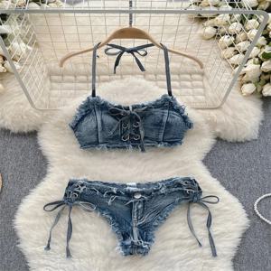 레트로 여성 비키니 데님 슈트 여름 홀터 캐미 미니 반바지 패션 휴가복 섹시하고 편안한
