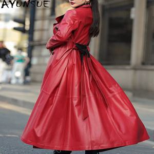 AYUNSUE 진짜 가죽 자켓 여성 레드 양가죽 다운 코트 여성용 패션 트렌치 코트 가을 옷 벨트 Косуха Женская