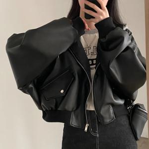 시크한 가을 겨울 가죽 재킷 후드 캐주얼 더블 포켓 다용도 루즈핏 페이크 투피스 지퍼 여성 코트