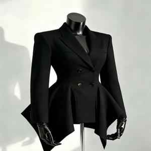 우아한 가을 유니크 블랙 블레이저 재킷 여성용 한국 패션 더블 브레스티드 허리 조임 불규칙 밑단 오피스 캐주얼 의상