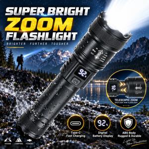 2000루멘의 고출력 LED 손전등, USB 충전식, 배터리 잔량 표시 기능, 줌 기능, 캠핑, 낚시, 비상 상황에 적합