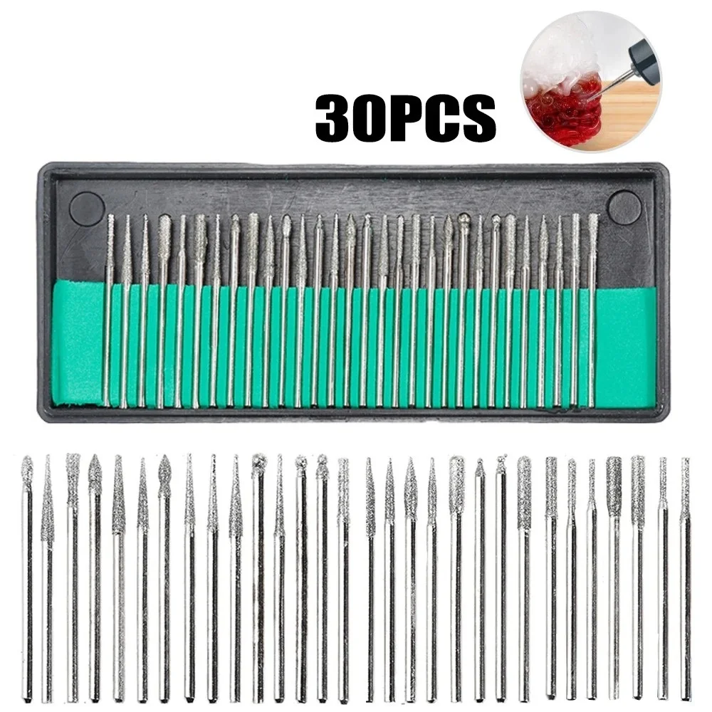 30pcs 내마모성 다이아몬드 버 드릴 비트 세트 다이아몬드 그라인딩 헤드 조각 연마 목공용 2.35/3mm 로터리 도구 세트