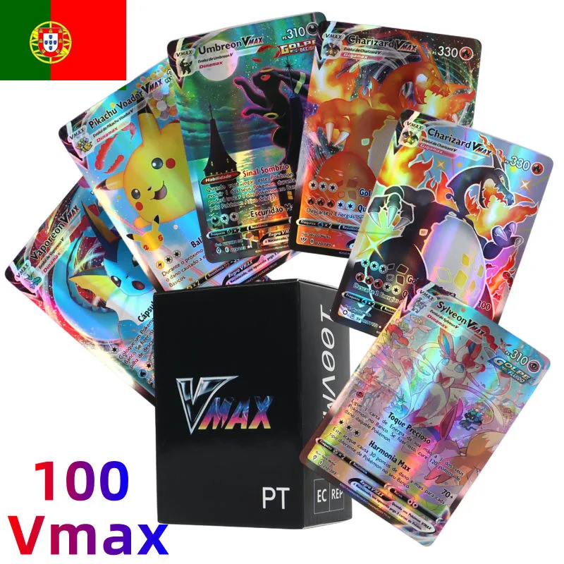 100개 포르투갈 포켓몬 카드 홀로그램 Vmax 레터 레인보우 아르세우스 샤이니 차리자드 트레이딩 카드 어린이 장난감