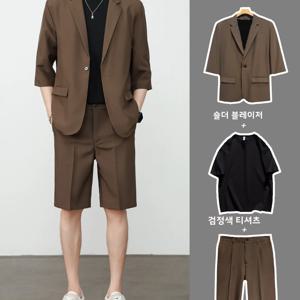 캐주얼 슬림핏 남성 정장 반팔 7부 코트와 5부 반바지 세트 여름 레저 패션 싱글 버튼 솔리드 컬러