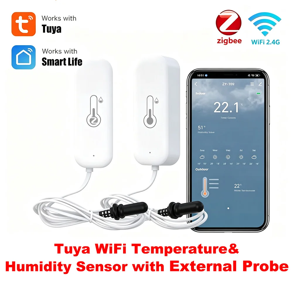 Tuya Zigbee WiFi 온도 습도 센서(외부 프로브 포함), 스마트 홈, 스마트 라이프와 호환 가능, Google 홈 Alexa