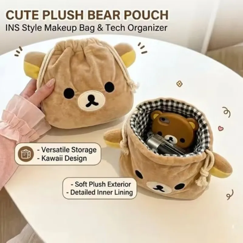 귀여운 만화 곰 캐릭터 드로스트링 가방 대용량 화장품 파우치 휴대용 수납 케이스 (USB 케이블, 액세서리, 메이크업 브러쉬용)