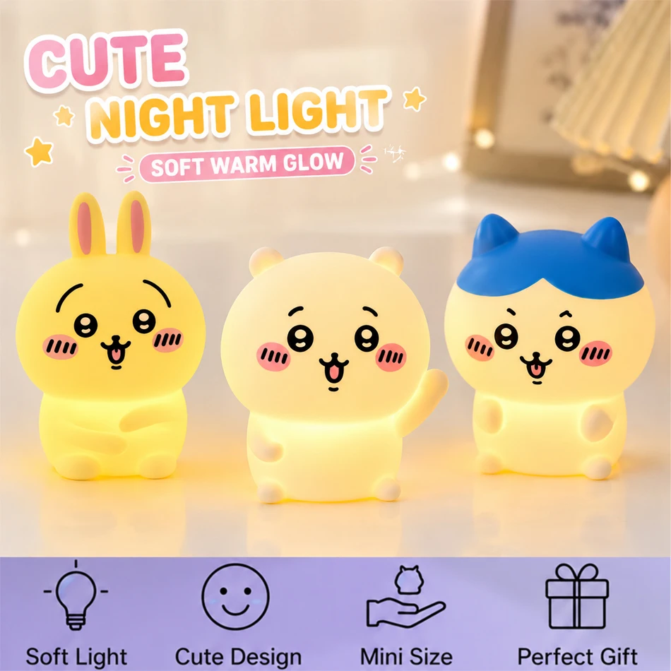 귀여운 치이카와 무드등 카와이 만화 하치와레 우사기 비닐 인형 침실 책상 장식 야광 장난감 소녀들을 위한 선물