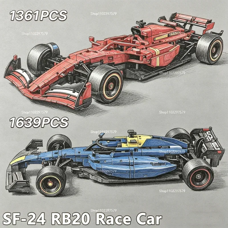 1361/1639개 부품으로 구성된 기술 시리즈 RB20 SF-24 1:8 스케일 레이싱카 MOC 조립식 블록 세트, 수집용, 생일 선물용 장난감