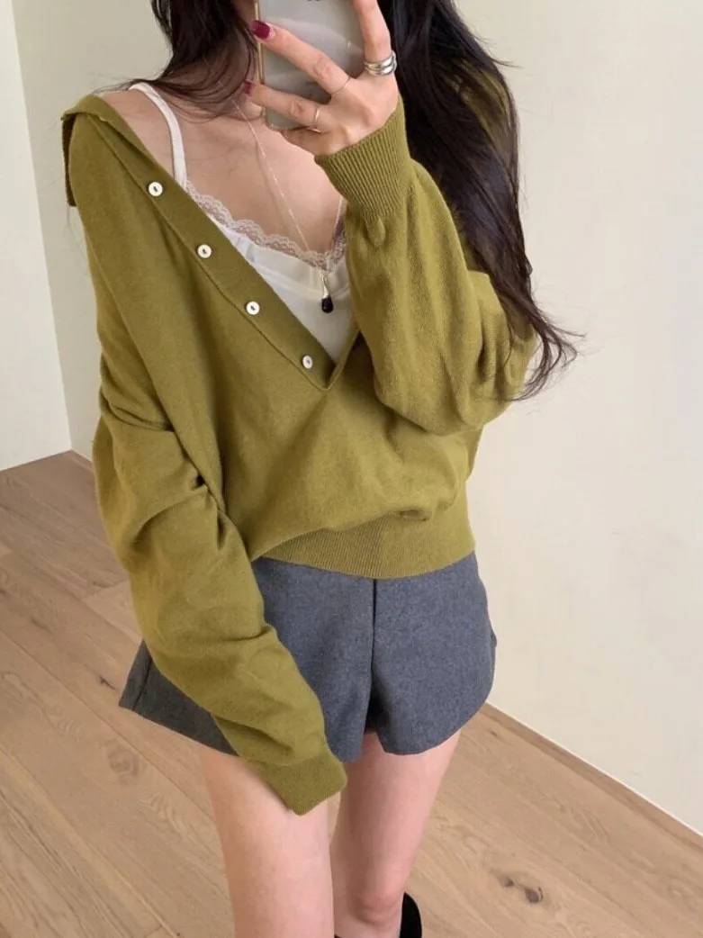 우아한 V 넥 니트웨어 여성 패션 루즈핏 다용도 한국 스타일 폴로 칼라 가을 겨울 신상품 슬리밍 탑