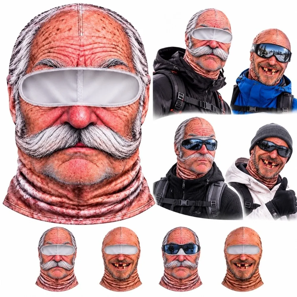 3D 입체 프린팅된 노인용 발라클라바, 흰색 콧수염 디자인, 얼굴 전체를 가리는 겨울용 마스크, 신축성 있는 소재, 재미있는 스키 마스크