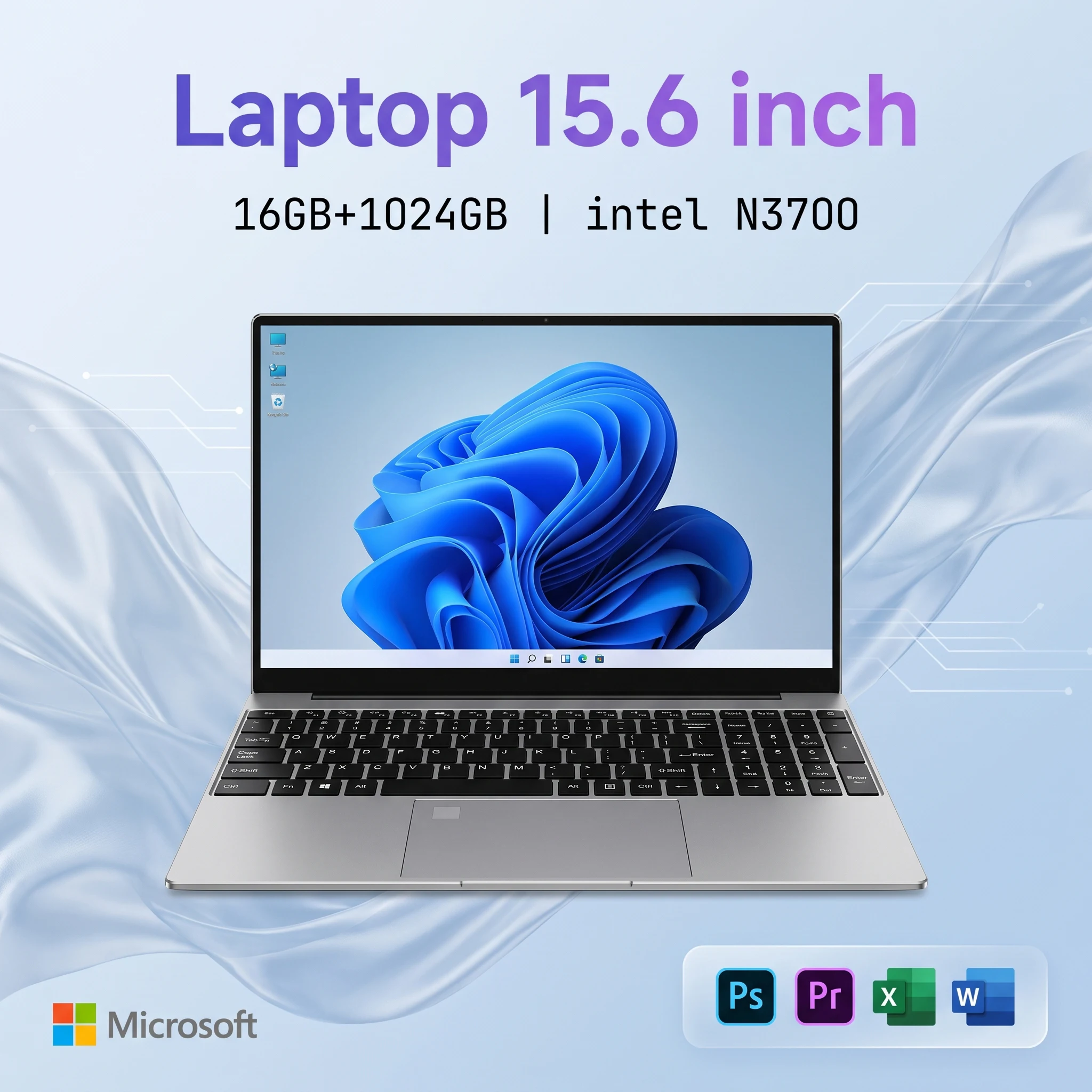 얇고 가벼운 15.6인치 노트북, 인텔 N3700 쿼드 코어 프로세서, 16GB RAM, 2TB M.2 SSD. 비즈니스, 학습, 가정용 엔터테인먼트에 적합합니다.