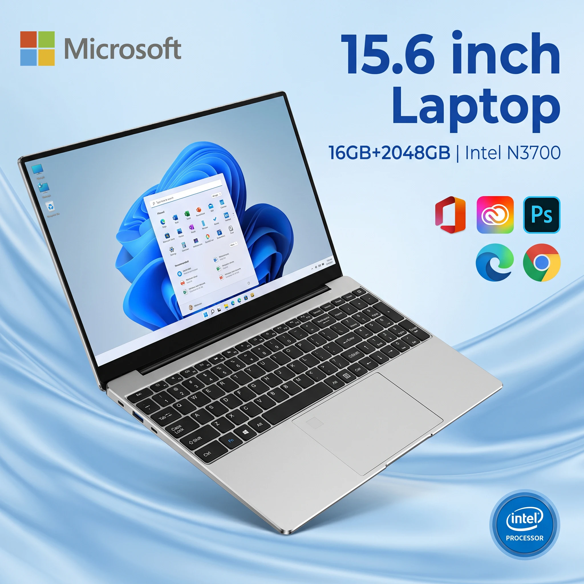 초슬림 노트북, 15.6인치, 가벼운 무게, 휴대성 우수, 인텔 N3700 프로세서, 16GB RAM, 2TB M.2 SSD, 비즈니스, 학습, 가정용 엔터테인먼트에 적합