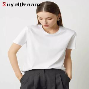 수야드림, 여성용 단색 티셔츠, 실크 10%, 면 58%, V넥, 반팔, 2025년 여름, 파스텔톤, 기본 스타일의 편안한 상의
