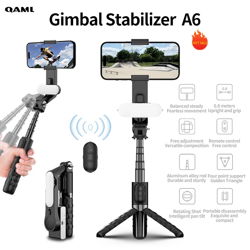 QAML A6 2025 1축 핸드헬드 짐벌 안정기(셀카봉/삼각대 포함), 무선 리모컨, 400mAh 리튬 이온 배터리, USB 충전, iOS