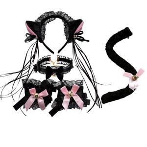 섹시한 레이스 칼라 팔찌 꼬리 4종 세트 귀여운 소녀 고양이 귀 머리띠 롤플레잉 액세서리 태슬 머리 장식 드레스업 세트