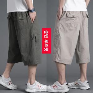 플러스 사이즈 남성 루즈핏 코튼 카고 팬츠 여름 얇은 스타일 7/8 길이 캐주얼 반바지 솔리드 컬러 하이웨이스트 작업복 바지