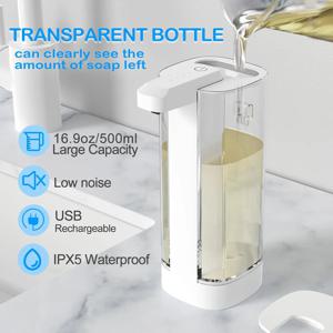 500ML 터치리스 투명 병 IPX5 방수 USB 충전식 새로운 전기 적외선 자동 센서 액체 비누 디스펜서