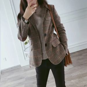 봄 가을 여성 격자 무늬 정장 재킷 새로운 한국 스타일 통근 슬림 피트 다목적 레트로 숙녀 싱글 브레스트 여성 의류