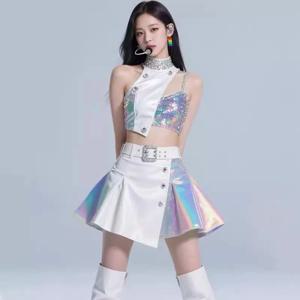 여성용 화이트 스플라이스 퍼포먼스 슈트 바 퍼포먼스 의상 재즈 쇼 의상 GOGO 걸그룹 댄싱 위드 더 타임즈