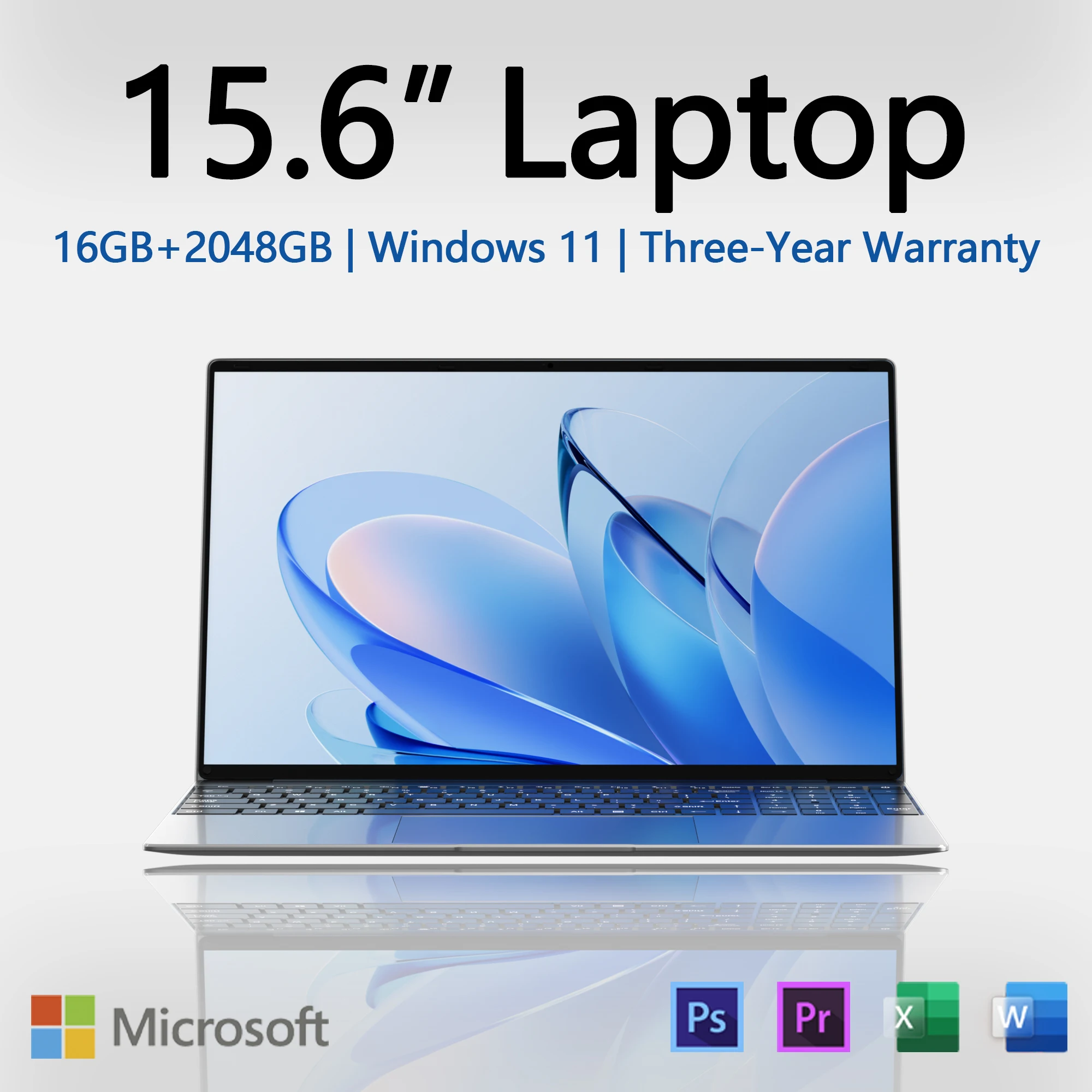 15.6인치 노트북, 인텔 펜티엄 N3700 프로세서, 16GB RAM + 2048GB ROM, 얇은 베젤 디스플레이, 윈도우 11 운영체제, 오피스 및 엔터테인먼트용.