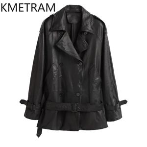 KMETRAM 정품 가죽 코트, 식물성 태닝 처리된 양가죽 소재, 검은색 가죽 재킷, 여성용 벨트 장식 재킷, 여성용 랩 스타일 아우터