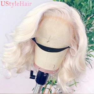 UStyleHair 플래티넘 블론드 밥 가발 여성용 천연 헤어 라인 짧은 웨이브 가발 합성 레이스 프론트 가발 매일 사용 내열성