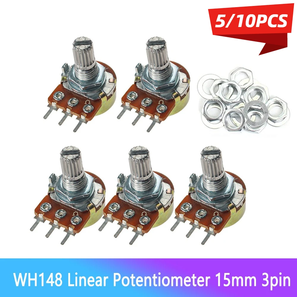 5/10PCS WH148 선형 전위차계 15mm 3핀 전위차계 키트(너트 및 와셔 포함) 1K 2K 5K 10K 20K 50K 100K 250K 500K 1M
