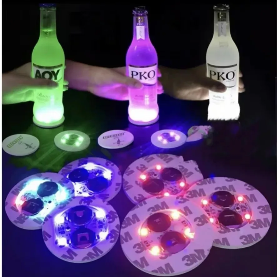 1-40개 배터리 구동 LED 컵받침 3가지 모드 와인잔 매트 컵 패드 스티커 병 음료 클럽 바 파티 장식 야간 조명