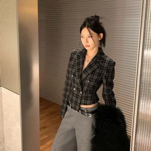 여성용 짧은 체크 트위드 블레이저 - 가을 프렌치 스타일 슬림핏 긴 소매 울 재킷, 슬림한 디자인