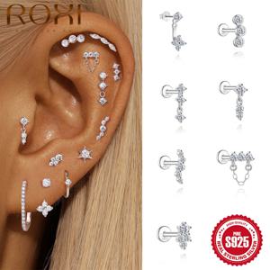 ROXI Moissanite 925 스털링 실버 귀걸이 여성용 스타 체인 태슬 플랫 백 피어싱 스터드 헬릭스 쥬얼리 생일 선물 그녀를 위한