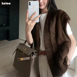 여성용 명품 밍크 퍼 조끼, 수입 통피, 드롭숄더 슬리브리스 자켓, 여성용 세로 바 V넥 퍼