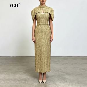 VGH 여성용 우아한 투피스 세트, 멀티 컬러 트위드 케이프 칼라 하트넥 주름 허리 바디콘 맥시 스커트, 연회/파티용