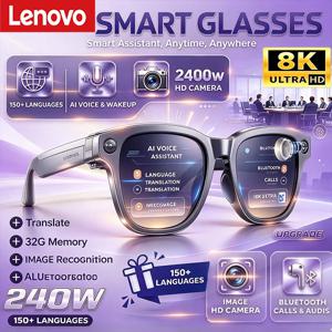 Lenovo 무선 블루투스 음성 녹음 AI 스마트 안경, 원격 제어 기능, 2400MP 고화질 사진 촬영, 통화 및 음악 감상 기능, 남성용/여성용 선글라스