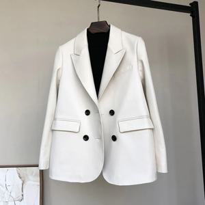 Julypalette 여성용 시크 더블 브레스트 양가죽 블레이저 재킷, 2024 가을, 겨울, 화이트, 블랙, 진짜 양가죽 코트